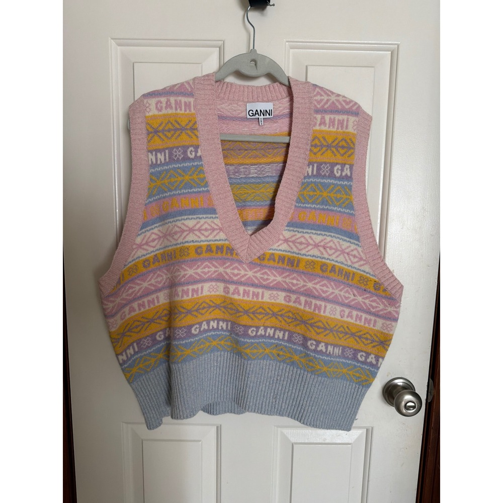 Ganni Fair Isle Logo Knit Vest Pastel Pink Yellow Blue V-Neck Size 4XL K1735